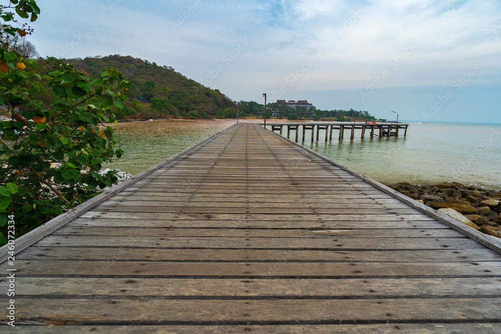 wooden plank pier bridge at Khao Laem Ya in Mu Ko Samet National Park, Rayong, Thailand