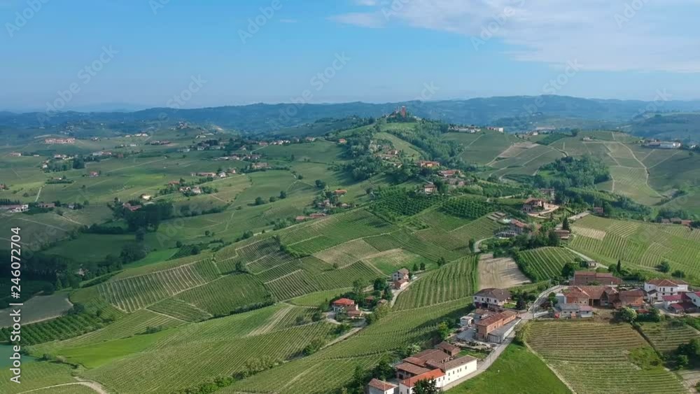Panoramic aerial view on hills and vineyards of Langhe in Piedmont, northern Italy Panoramic aerial view on hills and vineyards of Langhe in Piedmont, northern Italy