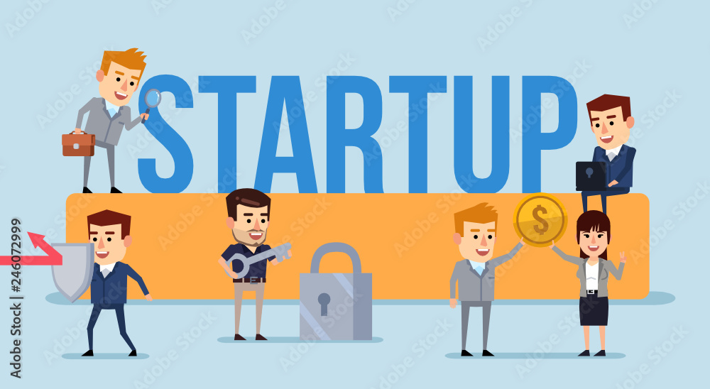 Small people working around big startup word. Business starup team, teamwork. Flat design vector illustration
