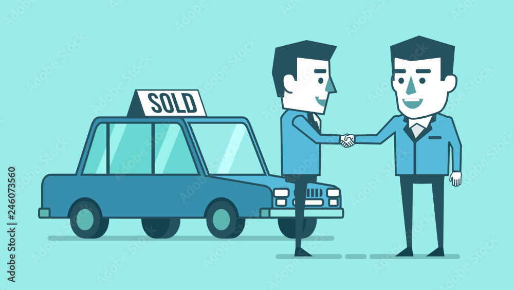 Two businessman stand in front of the car and make handshake. Car dealer. Buy, rent car concept. Simple style vector illustration Two businessman stand in front of the car and make handshake. Car dealer. Buy, rent car concept. Simple style vector illustration