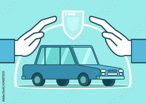 Two hands cover the car. Car insurance, safety, safe driving concept. Simple style vector illustration