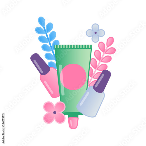 Modern vector illustration with nail polishes and creme on white color. Concept for beauty industry. 