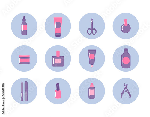 Vector cosmetics, bottles and tools. Design for icons, stickers, web, mobile app for beauty and SPA. Flat style. Violet, blue, pink colors