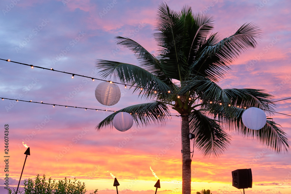 Hawaiian Sunset with palm trees on the beach - obrazy, fototapety, plakaty 