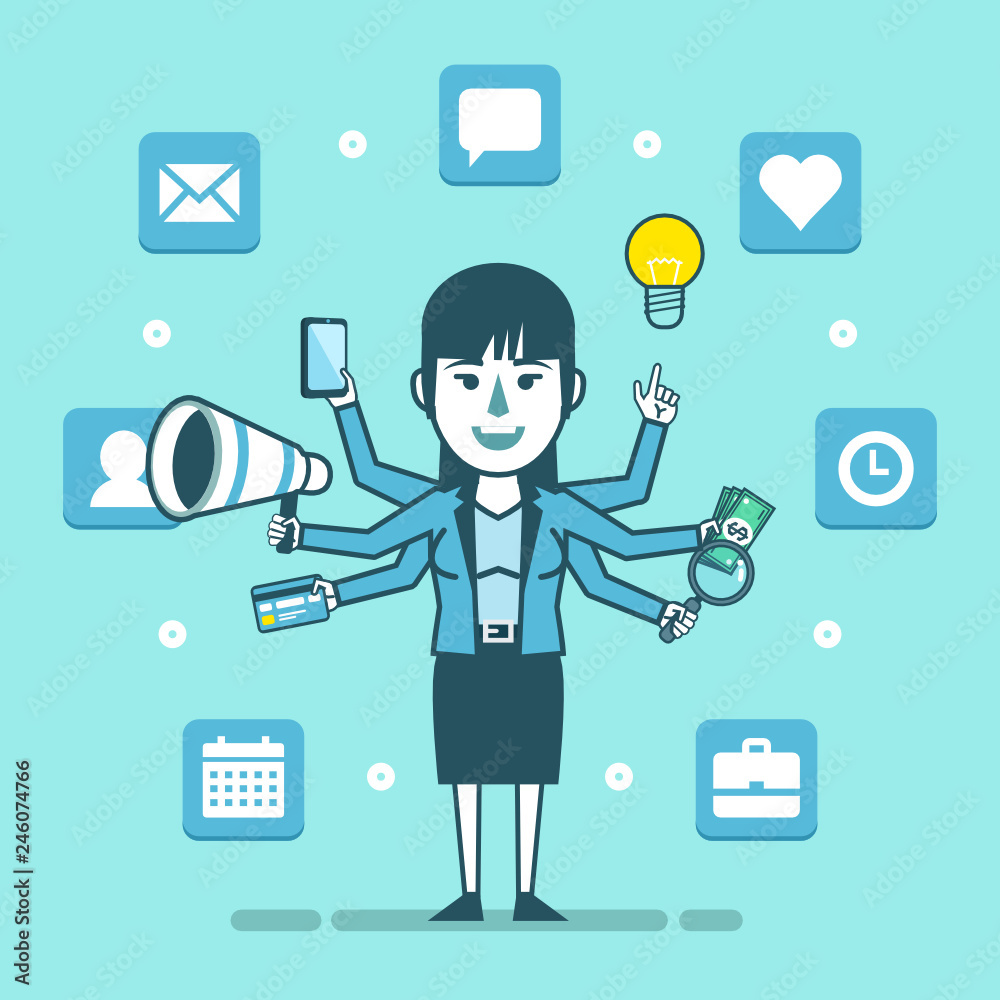 Businesswoman manages multiple tasks at once. Business, time management, multitasking concept. Simple style vector illustration Businesswoman manages multiple tasks at once. Business, time management, multitasking concept. Simple style vector illustration