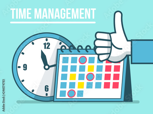 Successful time management concept. Hand shows thumb up gesture with calendar and watches at background. Simple style vector illustration