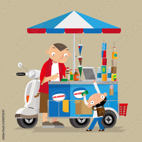 Vector illustration of an itinerant motorbike ice-cream hawker in Hong Kong