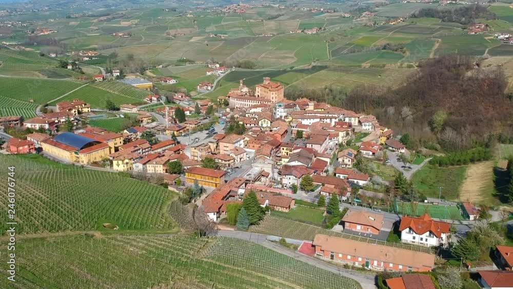 Barolo town and Langhe hills aerial view in spring in Piedmont, Italy Barolo town and Langhe hills aerial view in spring in Piedmont, Italy