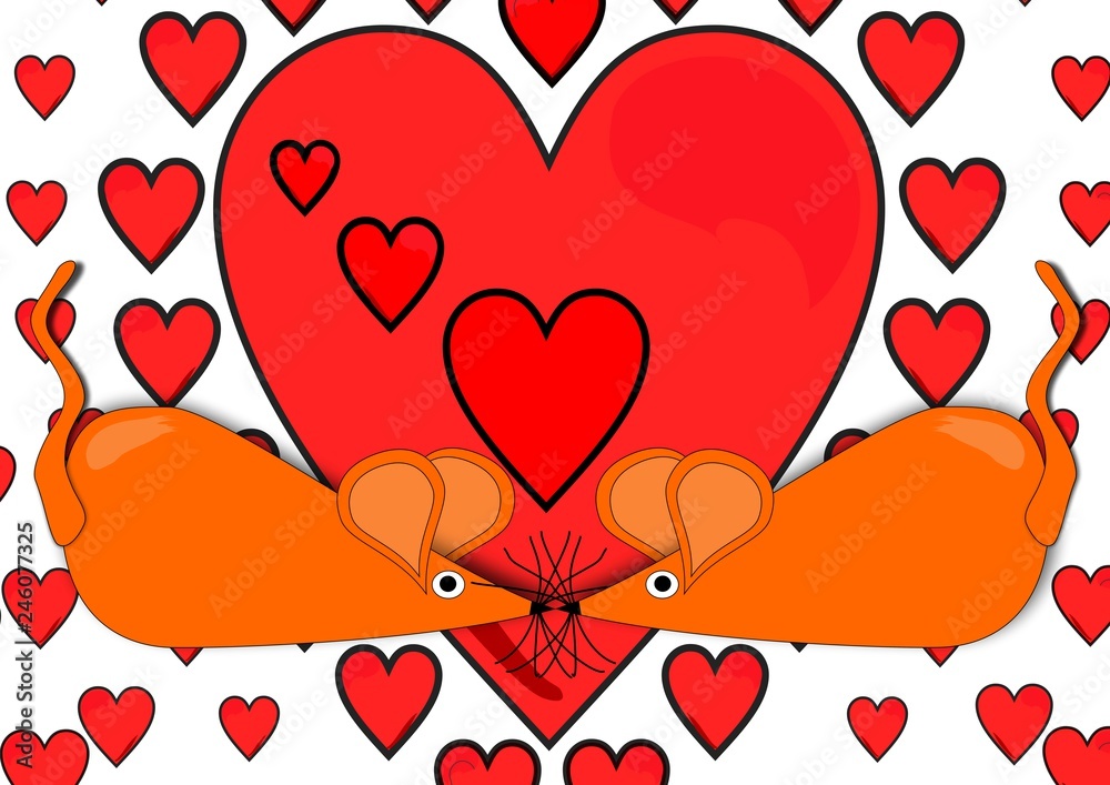 Parejas de ratones enamorados con fondo de corazones. ilustración de Stock  | Adobe Stock