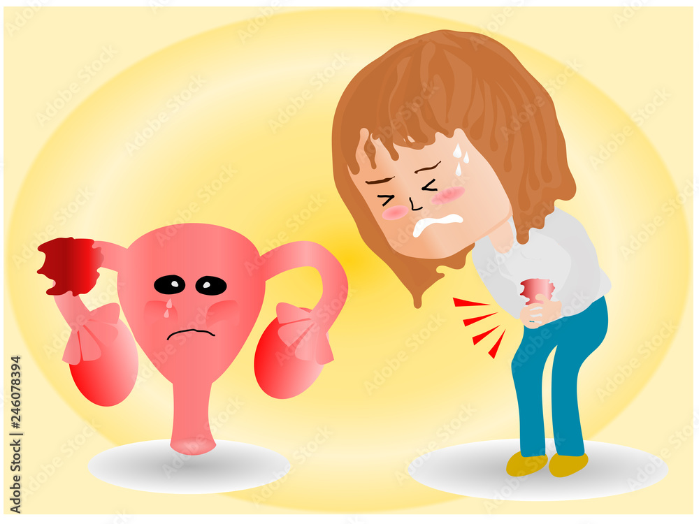cartoon picture, Uterus, ovaries and abnormalities in cells, Close to each other, a woman standing closed to her stomach because of abdominal pain. cartoon picture, Uterus, ovaries and abnormalities in cells, Close to each other, a woman standing closed to her stomach because of abdominal pain.