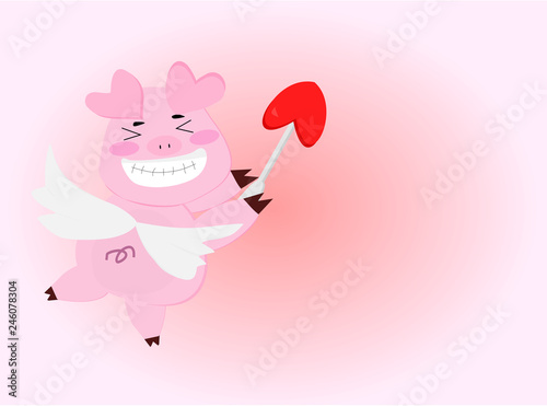The pink pig turns into a cupid with wings and holds a bow at the end of the red heart. Concept Pig year of love, valentine.