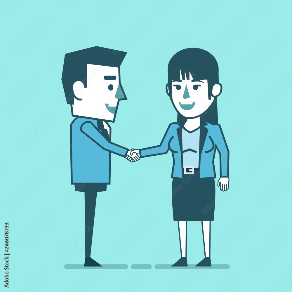 Cheerful businessman and businesswoman make handshake. Successful negotiation, deal, business. Simple style vector illustration