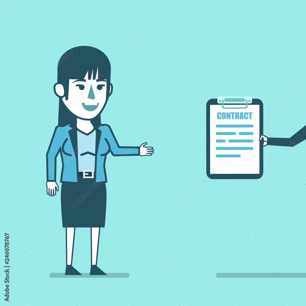 Happy businesswoman gets a job offer. Woman pulls her hand to take contract offer. Simple style vector illustration Happy businesswoman gets a job offer. Woman pulls her hand to take contract offer. Simple style vector illustration
