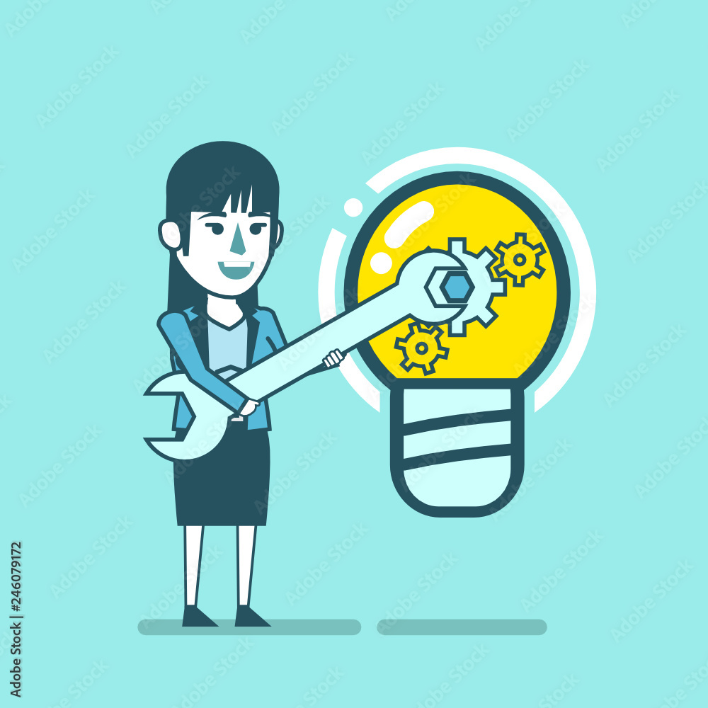 Happy woman moves idea gears with big wrench. Make your idea, startup work. Simple style vector illustration Happy woman moves idea gears with big wrench. Make your idea, startup work. Simple style vector illustration