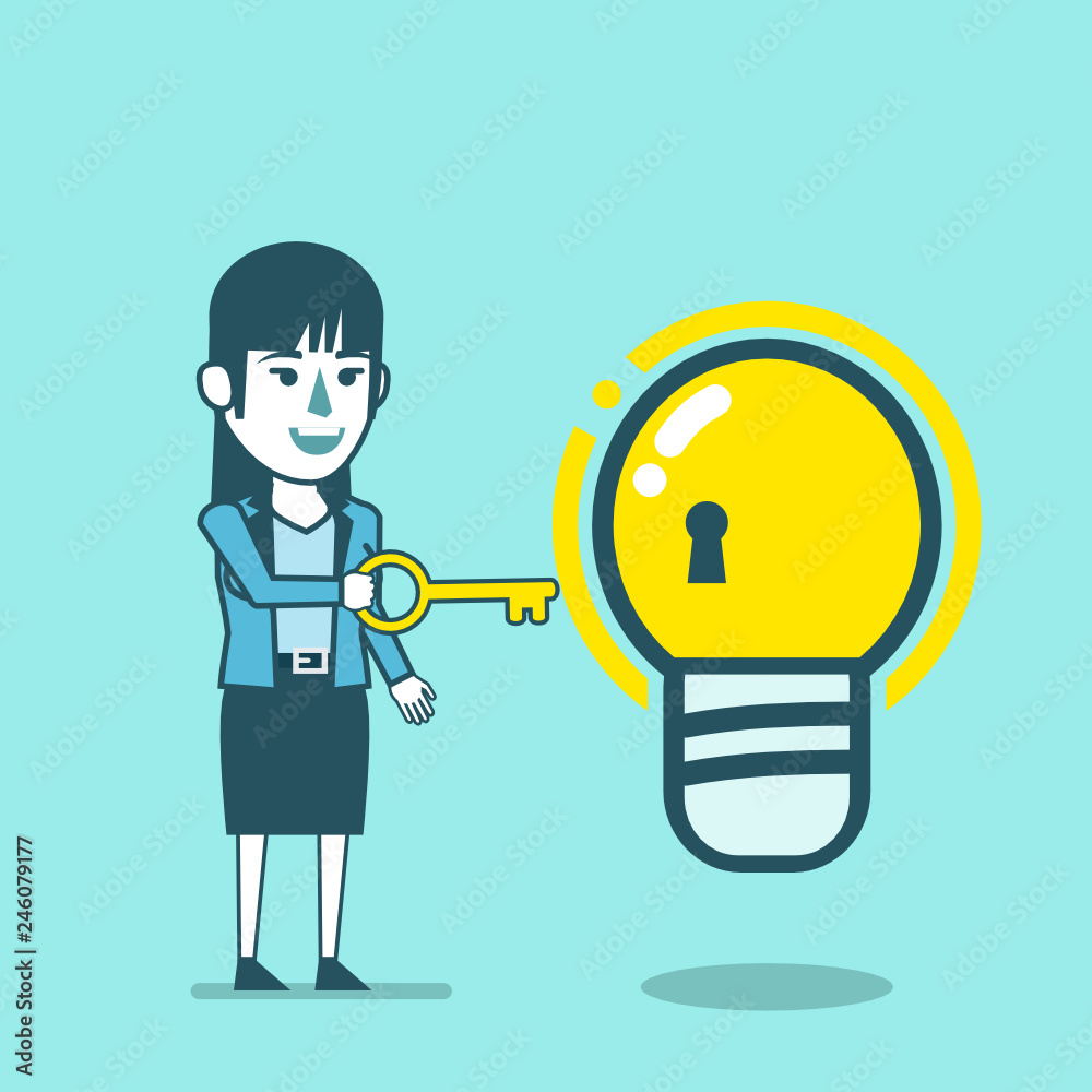 Smiling woman holds keys to the idea light bulb. Key to creativity, idea generation concept. Simple style vector illustration Smiling woman holds keys to the idea light bulb. Key to creativity, idea generation concept. Simple style vector illustration