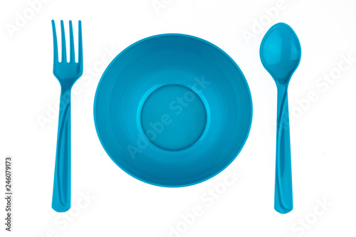 plastic plate blue, spoon, fork, clipping path, isolated on white background