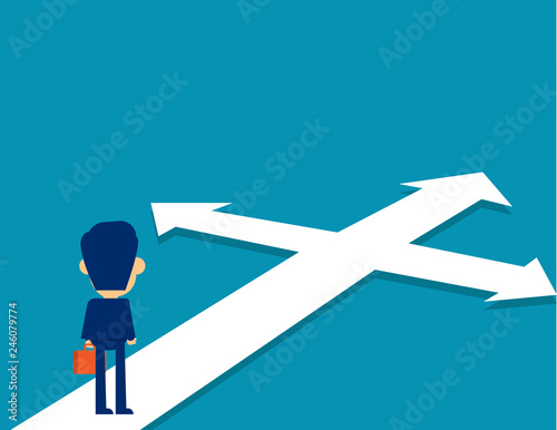 Businessman standing confused direction. Concept cute business vector illustration. Crossroad, Opportunity, Confusion