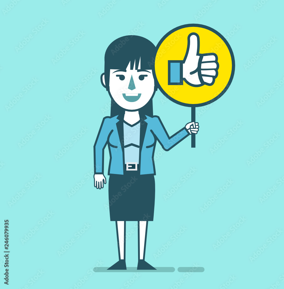 Happy woman holds sign with thumb up icon. Social media marketing concept, rating, vote, praise. Simple style vector illustration Happy woman holds sign with thumb up icon. Social media marketing concept, rating, vote, praise. Simple style vector illustration