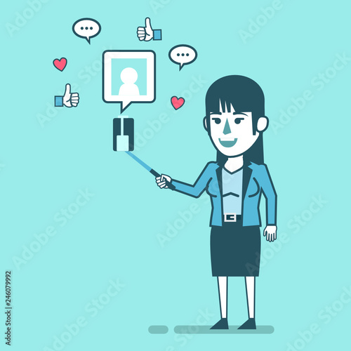Cheerful woman takes selfie with selfie stick. Social media marketing concept. Simple style vector illustration