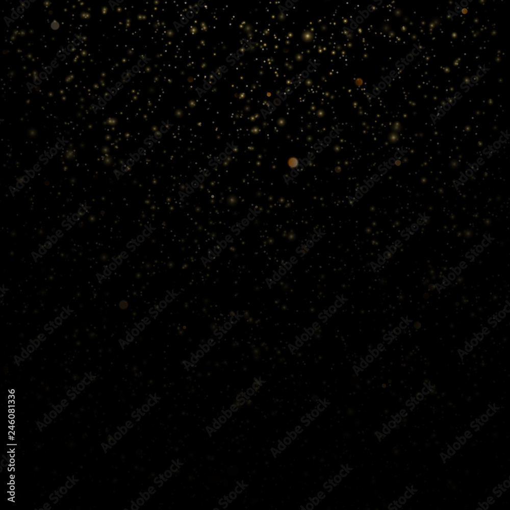 Particles overlay effect glitter of gold glowing magic shine and star dust on black background. EPS 10
