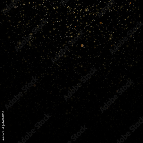 Particles overlay effect glitter of gold glowing magic shine and star dust on black background. EPS 10