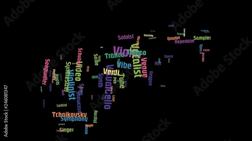 Violin Word Art Cloud Video Text Animation Colorful Letters On Black Background photo