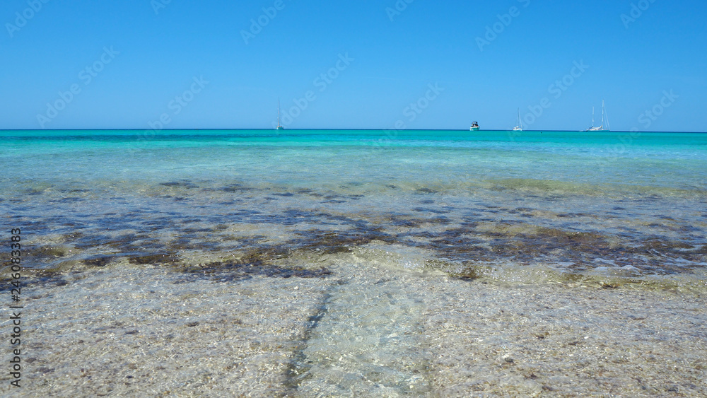 Obraz premium Colonia Sant Jordi, Spain. Amazing landscape of the charming beach Es Trencs. It has earned the reputation of Caribbean beach of Mallorca