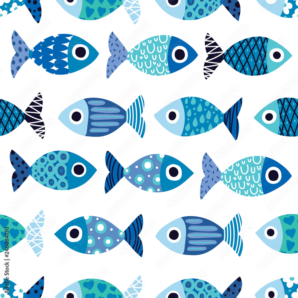 Cute fish. Kids background. Seamless pattern. Can be used in textile industry, paper, background, scrapbooking. Cute fish. Kids background. Seamless pattern. Can be used in textile industry, paper, background, scrapbooking.