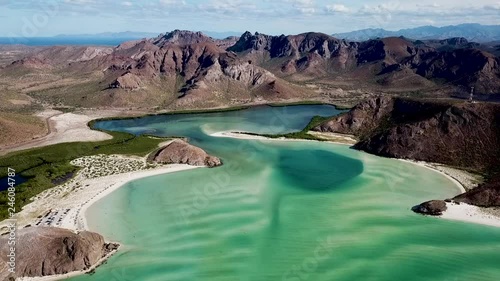 Aerial shot of Balandra Beach, mountains behind and the Sea of Cortez at the background, La Paz, Baja California Sur, M√©xico photo