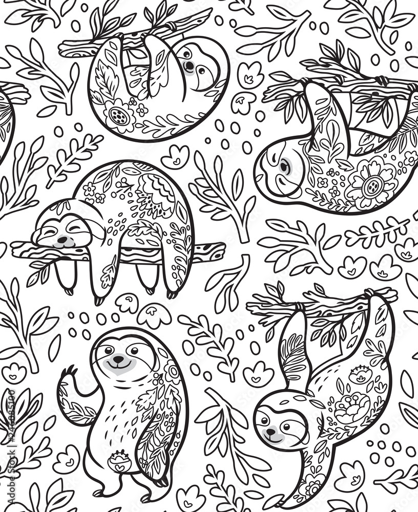 Cute sloths with floral ornament in outline. Vector seamless pattern Cute sloths with floral ornament in outline. Vector seamless pattern
