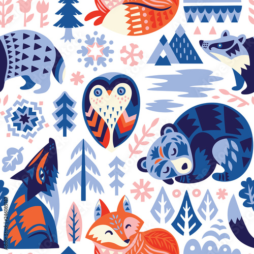Scandinavian woodland background with decorative animals and nature elements. Vector illustration