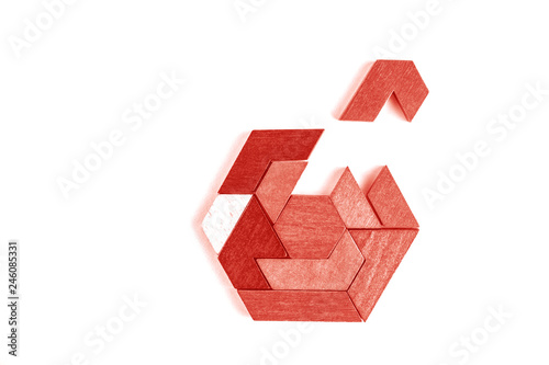 A hexagon tangram puzzle in Coral color.