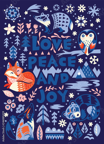 Love, peace and joy. Greeting card in scandinavian style.