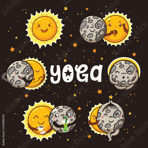 cartoon sun and moon characters doing some yoga pose