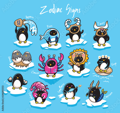 Set of penguins zodiac signs in cartoon style. Vector illustration