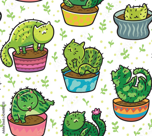 Vector seamless pattern with succulents and cactuses in the form of cats in pots. Vector illustration