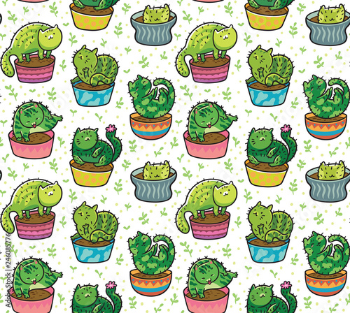 Vector seamless pattern with succulents and cactuses in the form of cats in pots. Vector illustration
