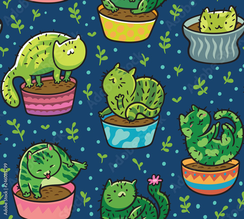 Vector seamless pattern with succulents and cactuses in the form of cats in pots. Vector illustration