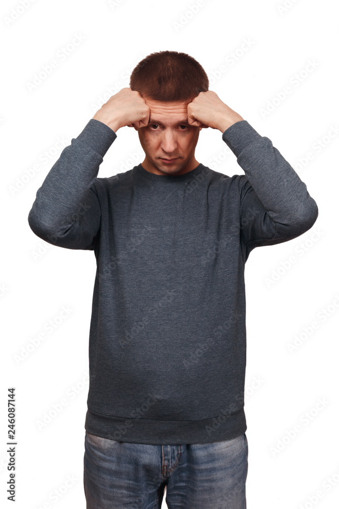The man leaned the elbows the head on fists of hands The man leaned the elbows the head on fists of hands
