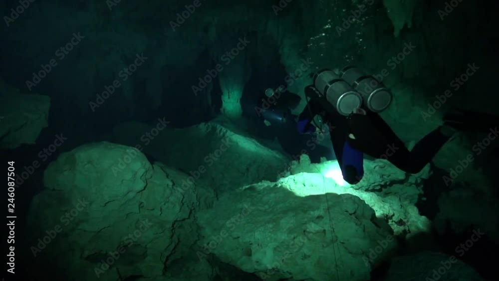 Cave divers follow the line