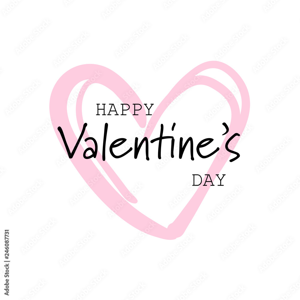Happy valentines day concept holiday typography poster with hand drawn text heart shape isolated on white background flat