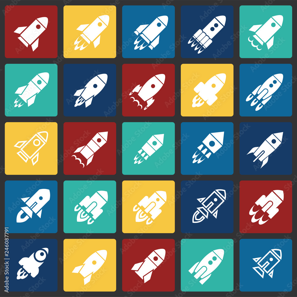 Rocket icons set on color squares background for graphic and web design, Modern simple vector sign. Internet concept. Trendy symbol for website design web button or mobile app