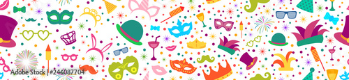 Celebration festive background with seamless pattern carnival icons. Party element for carnival, carnaval, mardi gras, fat tuesday, birthday, and photo booth.