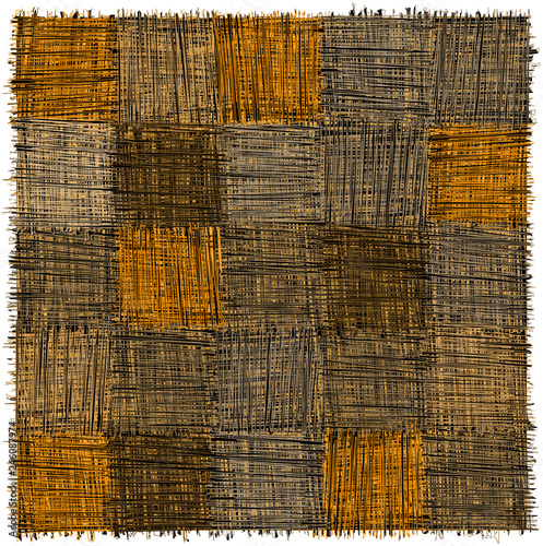 Rustic checkered mat with  grunge striped rough square elements in yelow,beige,grey,blak colors isolated on white
