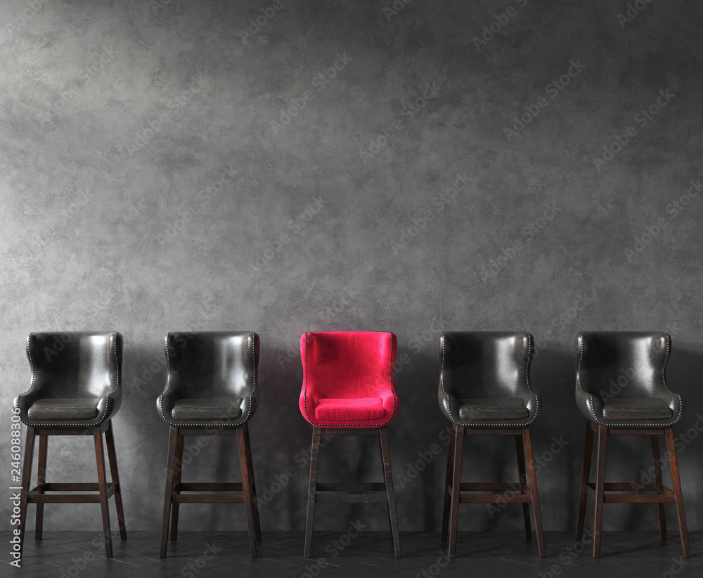 Obraz premium Row of chairs with outstanding pink one. Job opportunity. 3D render