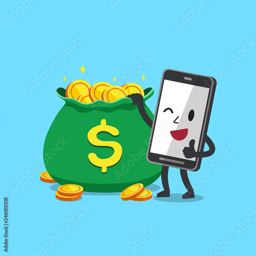 Cartoon character smartphone with money bag for design.
