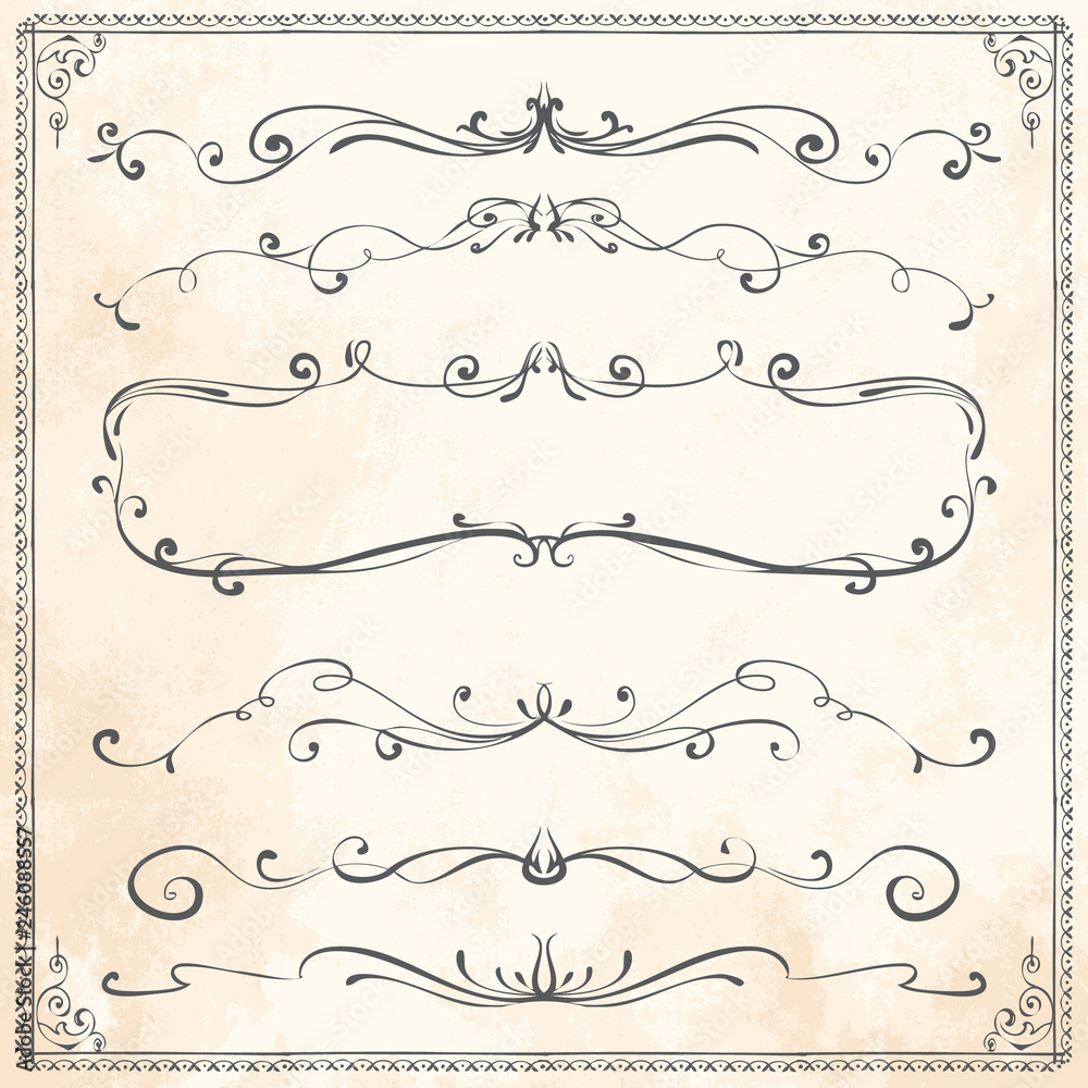 Cool hand drawn set of line border frame design elements on vintage paper background