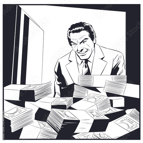 Man near safe with money. Stock illustration.
