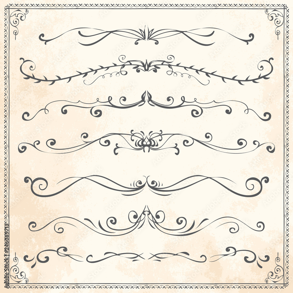 Vector hand drawn line border frame sketch design elements set on grunge paper background