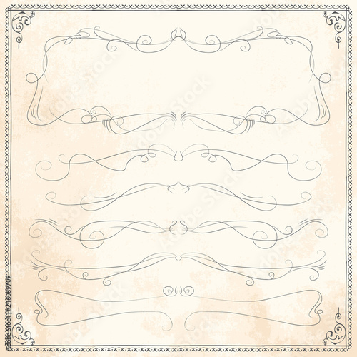 Vector hand drawn ornate line border frame doodle design elements set on vintage paper 